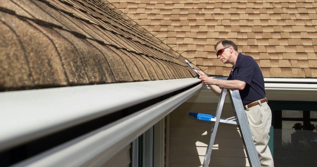Worker inspecting gutter helmet gutter covers.
